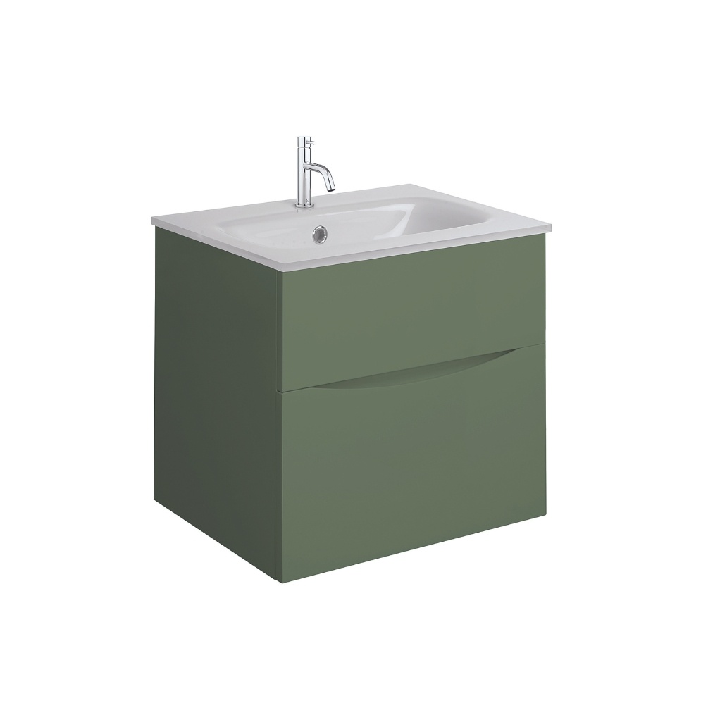 Product Cut out image of the Crosswater Glide II Sage Green 500mm Double Drawer Unit with Ice White Glass 1 Tap Hole Basin